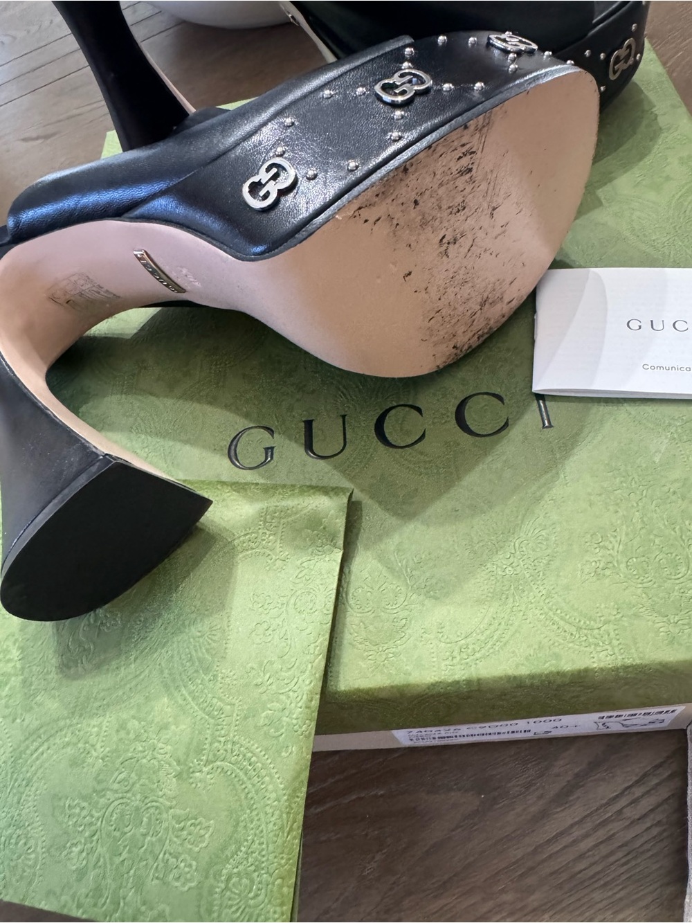 Gucci Black Leather Platform Mule Clogs with Silver GG Stud Accents - Picture 5 of 6